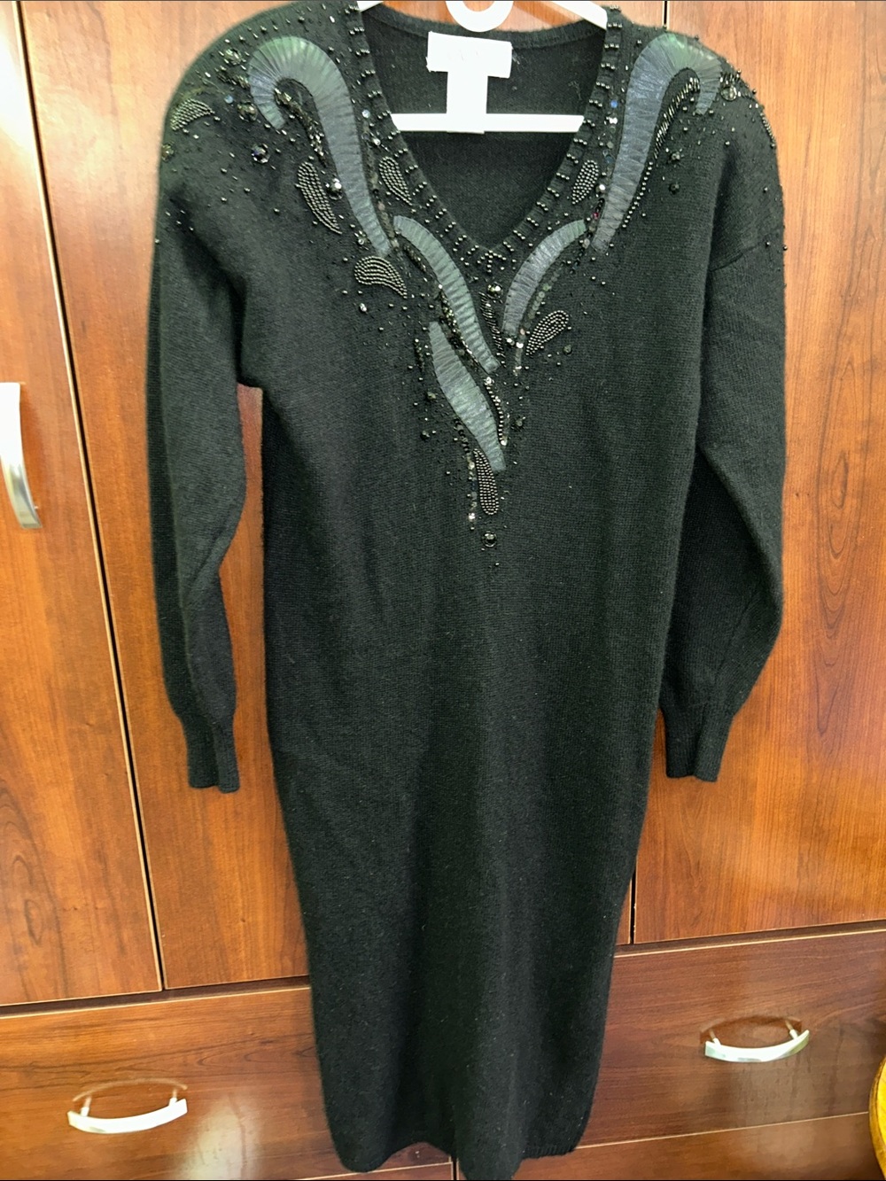 RARE!! exquisite sz M Vintage Black Long-Sleeve Embellished sweater Knit Dress